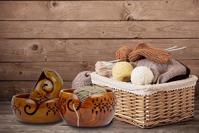 Nagina International Rosewood Crafted Wooden Yarn Storage Bowl With Carved Holes & Drills | Knitting Crochet Accessories (Set)