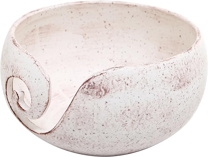 MyGift Cream Ceramic Tangle-Free Yarn Ball Bowl, Rustic Handcrafted Knitting Crochet Bowl with Cut Out Swirl