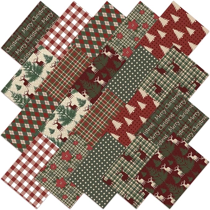 Hahafelt 10 Pcs Christmas Woodland Quilting Fabric 18 x 22 Inch Vintage Christmas Fabric Bundles Homespun Rustic Precut Reindeer Poinsettia Plaid Snowflake Fat Squares for Xmas Winter Craft Sewing DIY