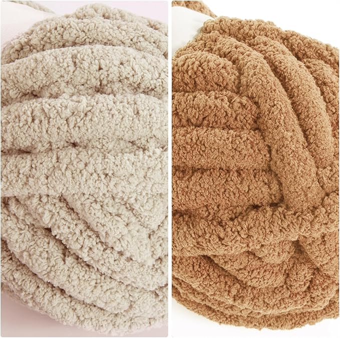 HOMBYS 8 Pack Assorted Chunky Yarn for Crocheting,Super Bulky Large Soft Fluffy Yarn,Plush Fuzzy Yarn,Thick Chenille Yarn for Hand Knitting/Arm Knitting,4 Khaki & 4 Coffee(27yds,8 oz Each Skein)