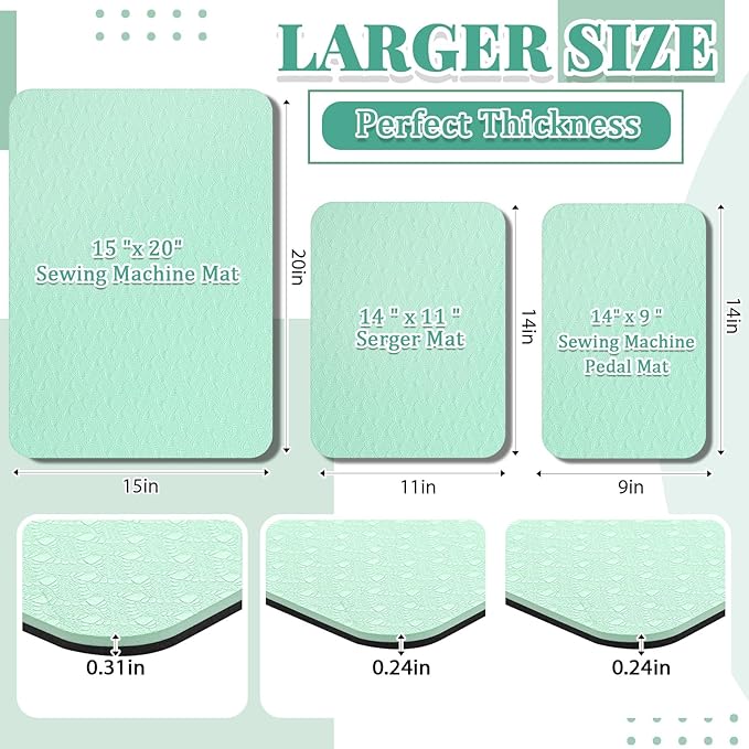 3 Pcs Sewing Machine Muffling Mat Pedal Mat Sewing Machine Pad No Slip Rubber Stay in Place Mats for Calms Vibration(Green,15 x 20 Inch,14 x 9 Inch,14 x 11 Inch)