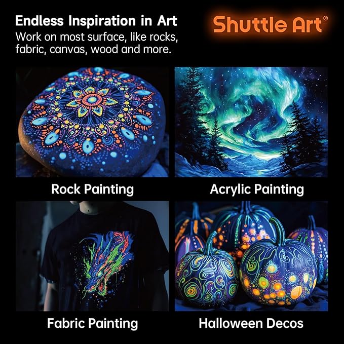 Shuttle Art Glow in the Dark Paint, 12 Colors with UV Light, 2oz/60ml Bottles, Ideal for Art Painting and Crafts, Great for Artists, Beginners on Rocks, Wood, Canvas, Fabric, and Halloween Decorations