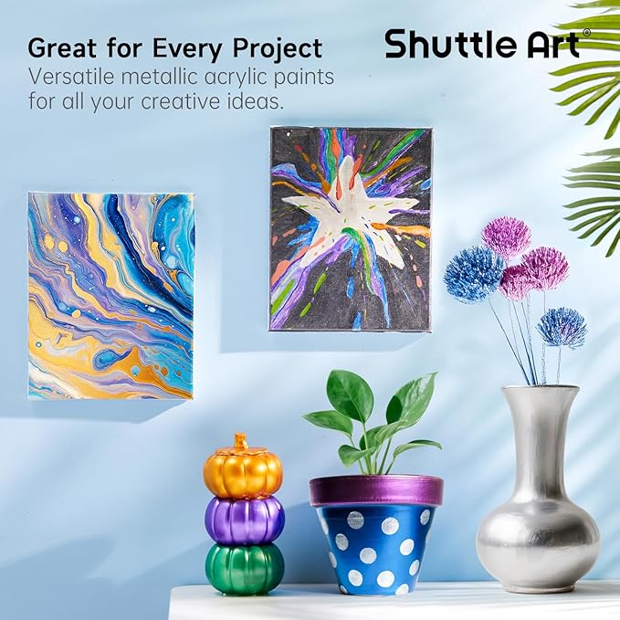 Shuttle Art 8 Colors Metallic Acrylic Paint, 250ml/8.45oz Bottles Acrylic Paint Set, Rich Metallic Shade, Bulk Painting Supplies for Artists, Beginners and Kids Painting on Rocks Crafts Canvas Wood
