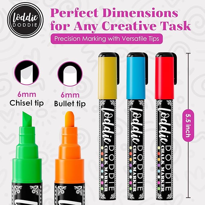 Loddie Doddie Liquid Chalk Markers - 8-Pack, 6mm Dual Tips - Chalk Markers for Blackboard & Chalkboard Paint - Washable Window Pens for Glass - Erasable Pens