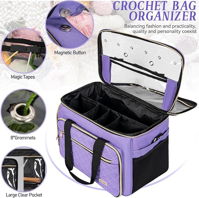 Knitting Bag Yarn Storage Tote, Large Crochet Organizer Bag, Yarn Holder Case for Knitting Needles, Knitting Project Bag with Inner Divider for Crochet Hooks, Knitting Accessories, Purple