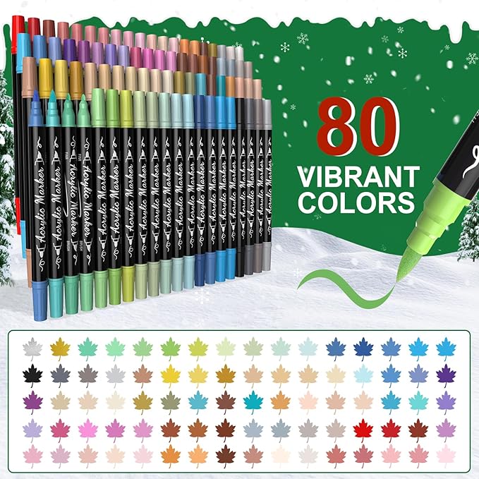 80 Colors Acrylic Paint Markers - Waterproof Dual Tip Acrylic Paint Pens with Brush & Fine Tip Professional Marker Set Scrapbook Markers for Paper Rock Wood Fabric Glass Ceramic and DIY Crafts