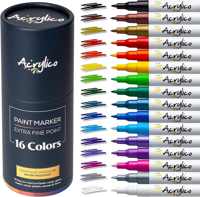 Acrylic Paint Markers Set of 16 Paint Pens – Fine Tip for Fabric, Rock, Metal, Ceramic, Adult Coloring & Art Projects – Art Supplies for Kids & Adults