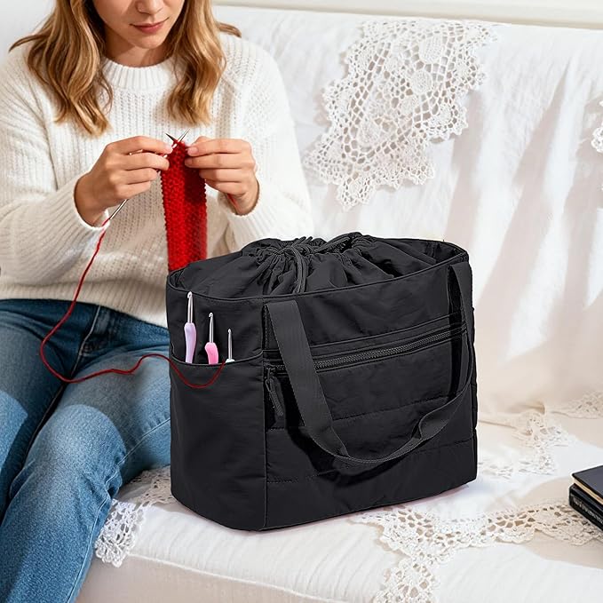 Teamoy Large Knitting Bag Tote, Puffer Yarn Storage Bag, Drawstring Crochet Bag Organizer for Yarn Skeins and Crocheting Supplies, Black