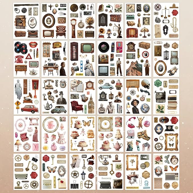 Vintage Sticker Book with 30 Pages and 300+ Aesthetic Stickers for Scrapbooking Supplies and Retro Bullet Journal