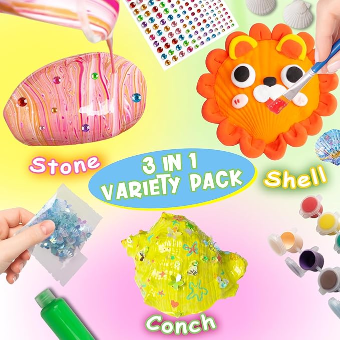 Kiditos Rockin' Rock & Shell Painting- Treasure Painting Kit,Arts and Crafts for Kids 4-12, Kids Painting Set, DIY Arts & Crafts Toys for Boys Girls Birthday Party Activities Gifts