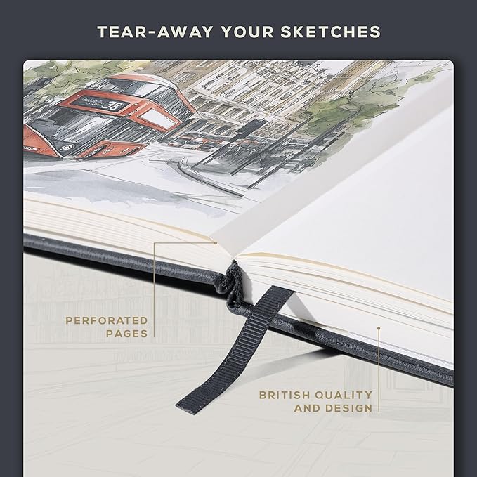 Beechmore Books A5 Sketchbook – 5.8x8.3 Premium Vegan Leather Bound Large Sketch Book Hardcover with 156 Thick 160gsm Perforated Ivory Pages, Blank Sketch Pad, Gift Boxed Back Pocket, Ribbon Bookmark
