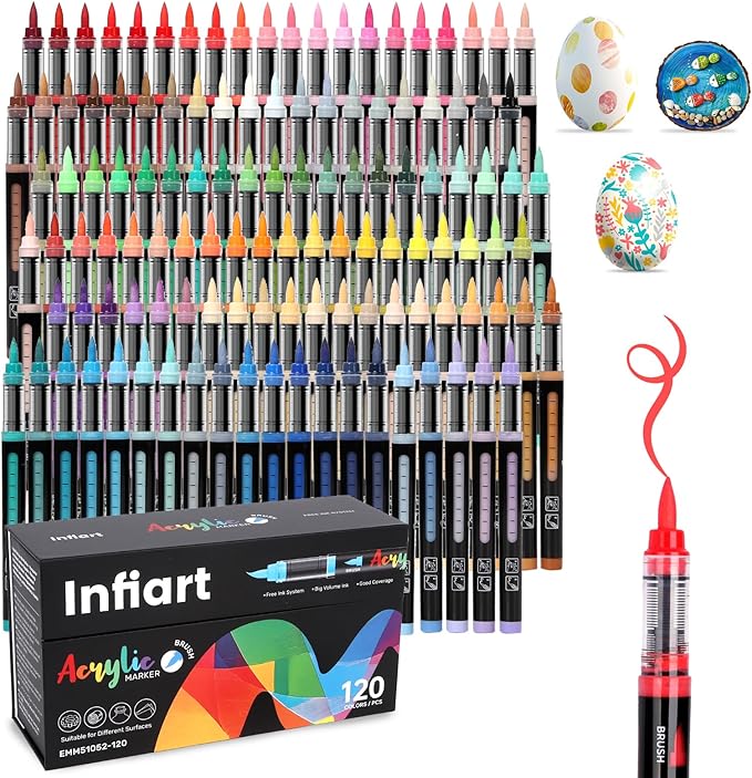 120 Colors Acrylic Paint Markers Brush Tip, Automatic Ink Control Acrylic Paint Pens Waterproof Acrylic Markers Set for Christmas Decorations, Stone, Wood, Glass, DIY & Art Supplies
