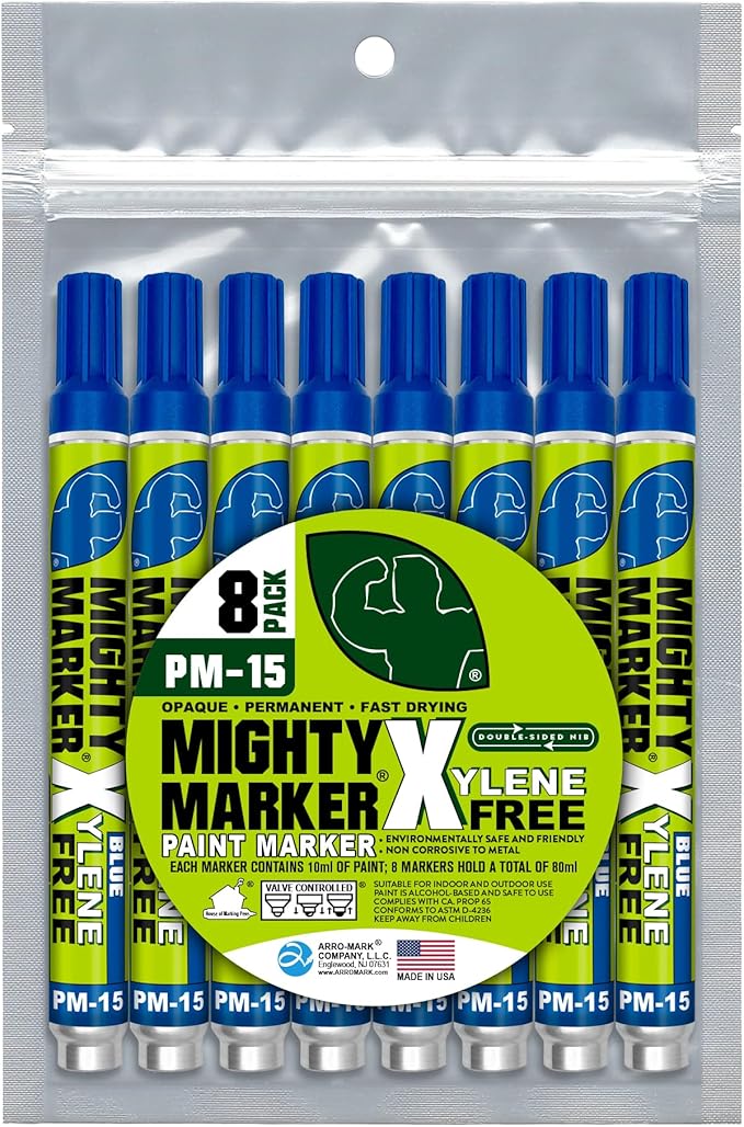PM-15, Eco-Friendly Paint Marker, Alcohol-Based & Xylene-Free, Waterproof & Permanent, 10ml, 2.3mm Tip, 8 Bonus Tips, Made in USA, Blue 8 Pack