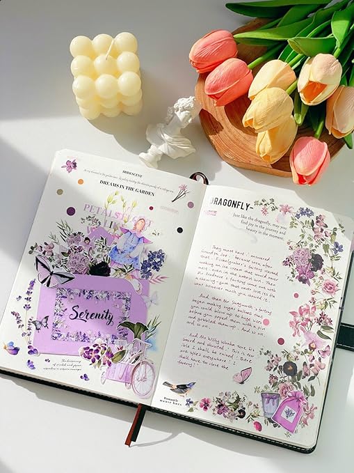 WT Pre-Cut Purple Muse Wide PET Tape, Single Roll, Soft Purple Florals & Handwritten Script, Transparent Decorative Tape for Journaling, Scrapbooking, Bujo, Planner, DIY Crafts, 70mm×5m