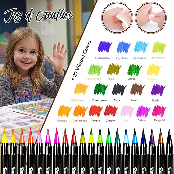 Watercolor Brush Pens Art Markers, Art Supplies 20Pcs Brush Marker Pens Colored Pens Script Paintbrush for Calligraphy with 1 Water Colouring Paintbrush Felt Tip Pen