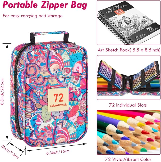 Limous Colored Pencils, 72 Colored Pencil Set with A5 Sketch Book and Zipper Travel Case, Multi Colored Pencils with 7 Metallic Colors, Ideal for Drawing, Sketching, Blending and Color Layering