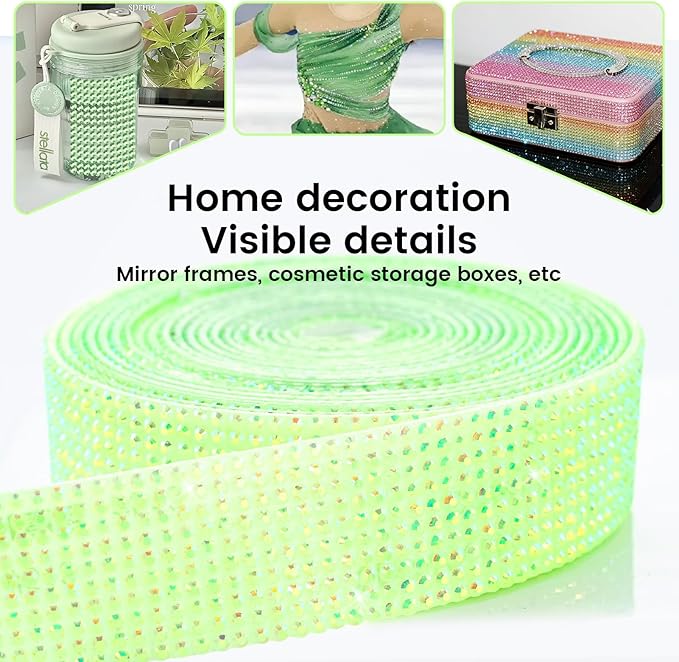 Novani Self Adhesive Rhinestone Ribbon, 1.18 Inch Wide 3 Yards 1 Roll, Light Green AB Diamond Bling Strips for DIY Crafts, Glitter Resin Rhinestones Tape for Crafting, Car Decoration