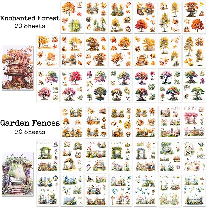 Knaid Scenery Sticker Set (490+ Pieces, 80 Sheets) 4 Pack Sticker Books Blooming Windows, Garden Houses, Enchanted Forest, Garden Fences Journaling Stickers for Scrapbook Bullet Junk Journals Planner