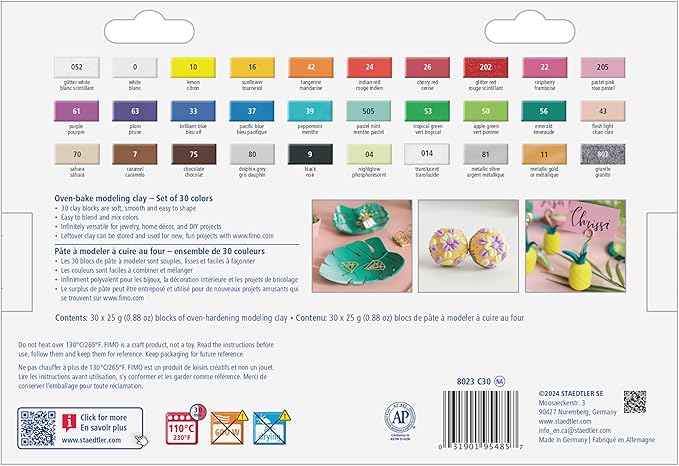 STAEDTLER FIMO Soft Oven-Bake Polymer Modeling Clay: 30 Piece Starter Kit for Jewelry, Scultpting, and Crafting for Beginners, Assorted Colors (0.88 oz Blocks), Adult Crafts and Creative Gifts