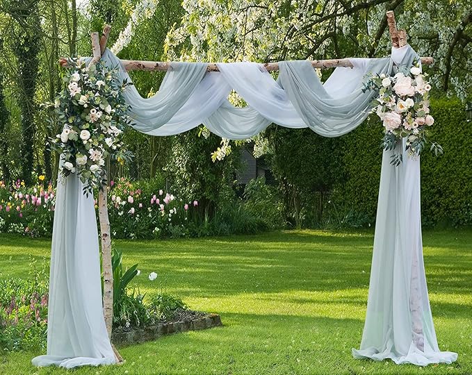 WARM HOME DESIGNS Wedding Arch Draping Fabric Bundle Has 2 288 Inch (24 Feet) Scarves in Silver & White Fabric Colors for Wedding Ceremony or Photoshoot Decoration. AD White & Silver 288”