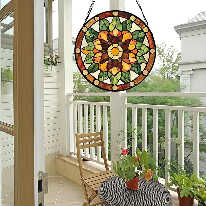 Stained Glass Window Hanging - Yellow Green Boho Style Flowers Sun Catcher for Door Garden Home Decor Suncatcher Christmas Mother's Day Birthday Gifts for Women Mom Girl Nana Friend 7.8 in