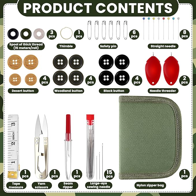 Suncalla Military Survival Sewing Kit Tactical with Buttons Durable Nylon Portable Small Army Sewing Kit for Men Women Complete Thread Needle Repair Tools for Travel Field Emergency