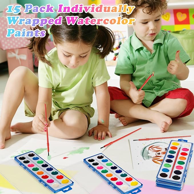 15 Pack Watercolor Paint Set Bulk,Watercolor Paint Set with Paint Brushes for Kids and Adults, Washable Bulk Watercolors for Classroom Kindergarten Parties and Art Activities,16 Colors