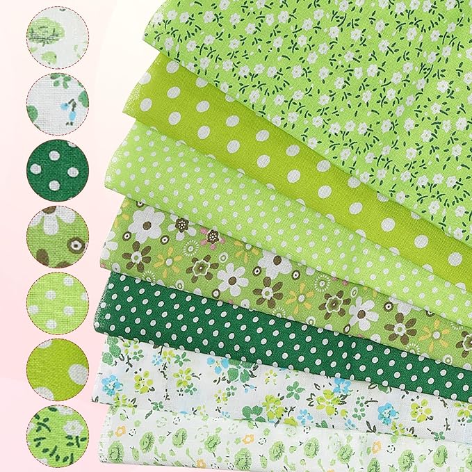 PATIKIL Cotton Fabric Bundles, 7 Pcs 20 x 20 Inch Pure Cotton Fat Quarter Floral Printed Precut Fabric Squares for Sewing Patchwork Quilting DIY Crafts, Green