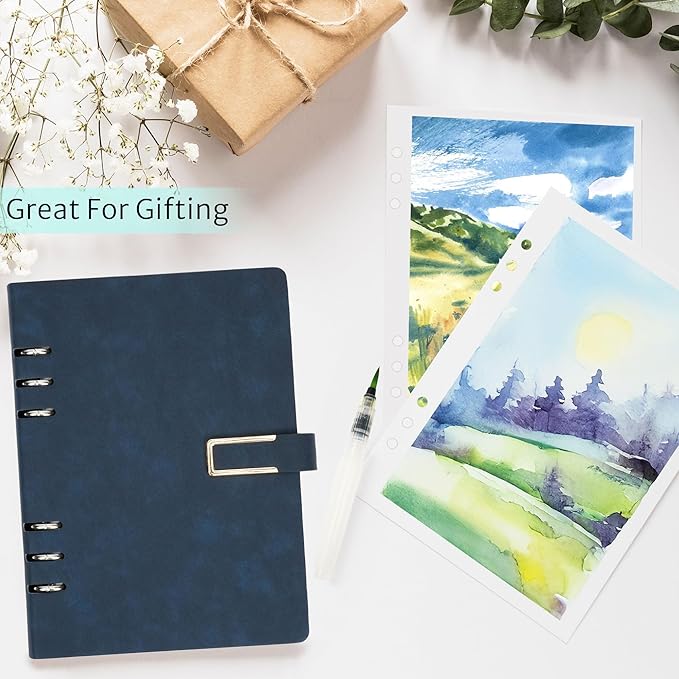 Vienrose 11" x 9" 3 Ring Watercolor Sketchbook, Faux Leather Cover Professional Art Journal with Detachable 24 Sheets 48 Pages, Ideal for Water Coloring, Sketching, Painting, Navy