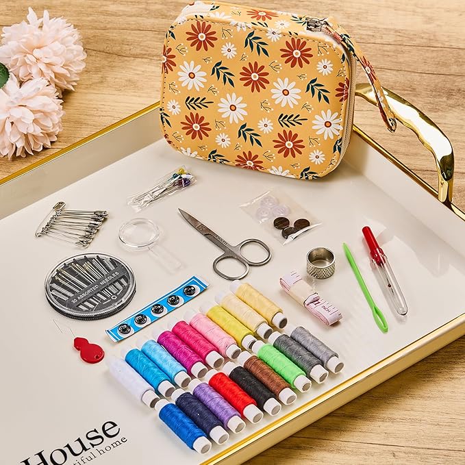 Sewing Project Kits Printing Mini Professional Sewing Kit Daisy Pattern Basic Travel Sewing Kit for Adults,Arts Craft DIY,Emergency, Home Beginners