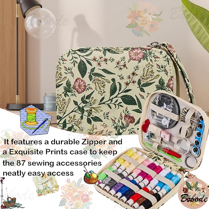 Arts Craft Printing Sewing Kit Floral Pattern Small Sewing Set,Professional Travel Sewing Kit with 18 Colors Sewing Thread, Basic Sewing Supplies Accessory for Emergency, Home Beginners
