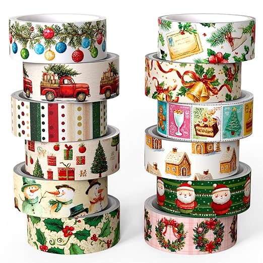 12 Rolls Christmas Washi Tape Set, Vintage Cartoon Xmas Decorative Tape Santa Holiday Retro Masking Tape for Journaling Supplies, Junk Journal, Scrapbooking, DIY Arts & Crafts, Gift Wrapping