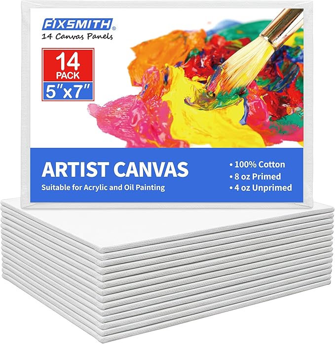FIXSMITH Canvas for Painting 14 Pack - 5 x 7 Inch Painting Canvas Panel Boards - 100% Cotton Primed Canvases - Super Value Pack Art Supplies- Artist Canvas Board for Acrylic, Oil & Tempera Painting