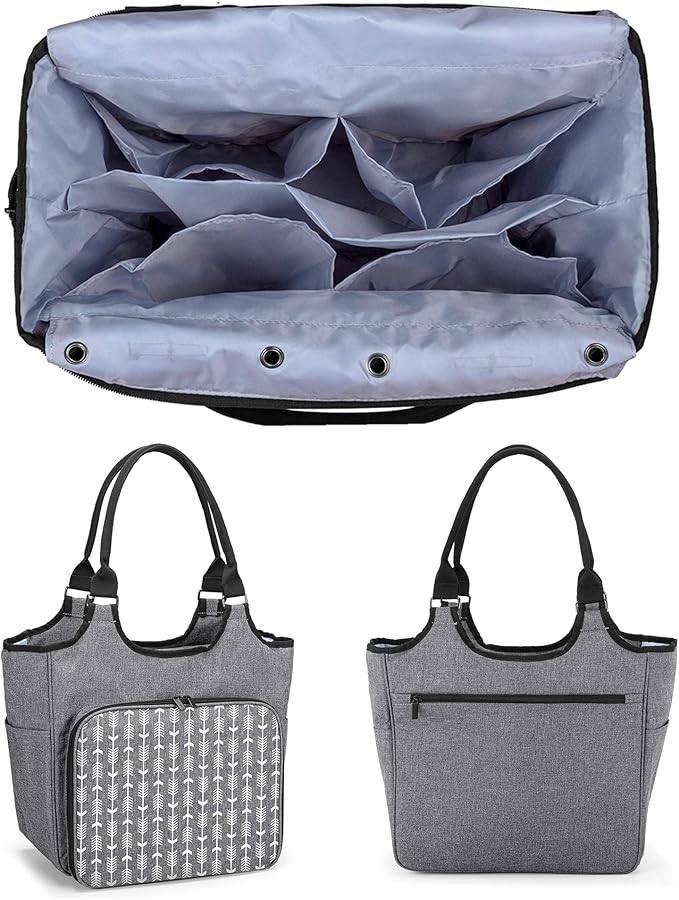 YARWO Knitting Tote Bag, Yarn Storage Organizer for Yarn Skeins, Knitting Needles, Crochet Hooks and Knitting Projects, Christmas & New Beginnings Gifts for Women, Gray with Arrow (Patent Pending)