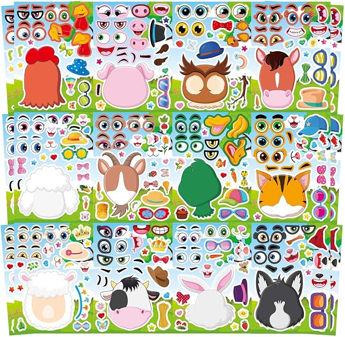 48 Sheets Make a Face Sticker Sheets for Kids, Make Your Own Animal Stickers Party Favors Goodie Bags Stuffers Crafts Activities Gifts for Kids Toddler Birthday Classroom Supplies