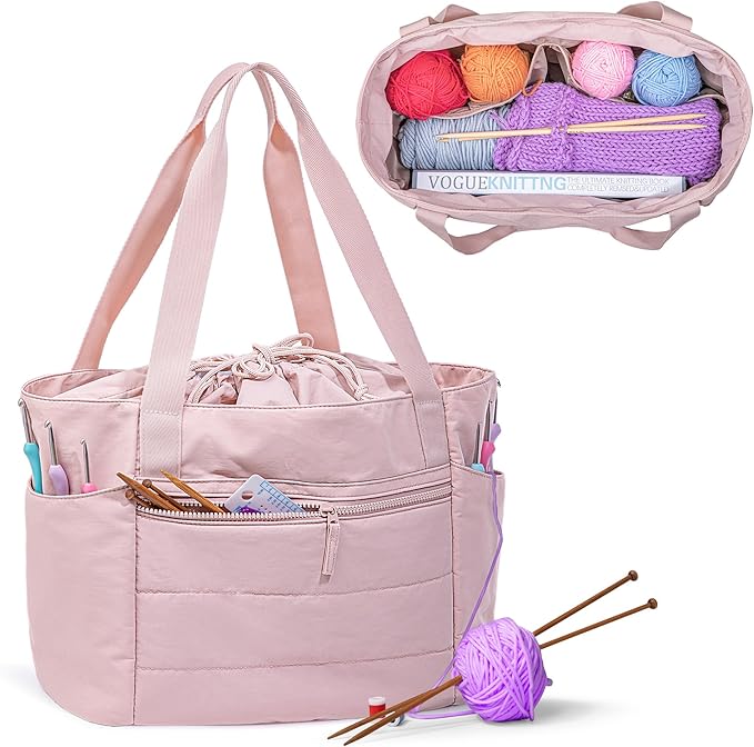 Teamoy Large Knitting Bag Tote, Puffer Yarn Storage Bag, Drawstring Crochet Bag Organizer for Yarn Skeins and Crocheting Supplies, Pink