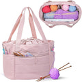 Teamoy Large Knitting Bag Tote, Puffer Yarn Storage Bag, Drawstring Crochet Bag Organizer for Yarn Skeins and Crocheting Supplies, Pink