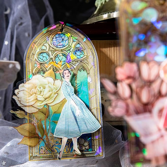 60PCS Large Holographic Gothic Stained Glass Window Medieval Stickers – Vintage Clear Cathedral Religious Art Decals for Scrapbooking, Journaling, Christian Bible Study, Art Crafts Supplies