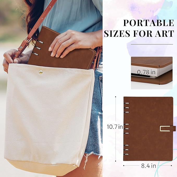 Vienrose 11" x 9" 3 Ring Watercolor Sketchbook, Faux Leather Cover Professional Art Journal with Detachable 24 Sheets 48 Pages, Ideal for Water Coloring, Sketching, Painting, Darkbrown