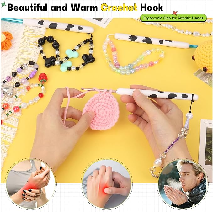 Katech Ergonomic Crochet Hook, Aluminum Soft Grip Crochet Hooks for Beginners and Arthritic Hands, Soft Clay Crochet Needle with Cow Motif and Bead Chain-Ideal Gift for Crocheter (3.5mm)
