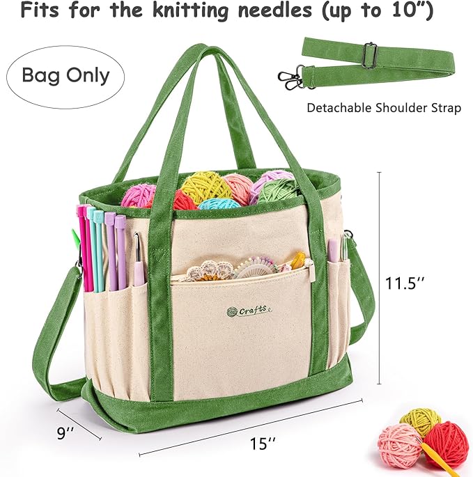 MYBAGZING Canvas Yarn Storage Organizer Bag Washable Crochet Bag with Pockets for Yarn, Hooks, Needles – Travel Knitting Tote for Crafters – Gift for Crocheters & Knitters (Medium/Large)