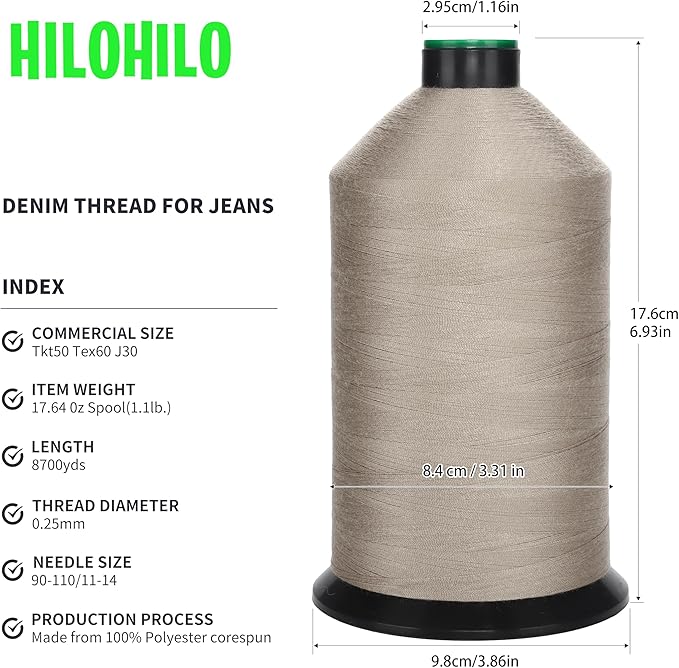 Polyester Corespun Denim Thread Tkt50 Tex60 J30, 8700yds, Suitable Light-Weight Denim Clothing and Home Decor,Mattresses,Curtains(Khaki)