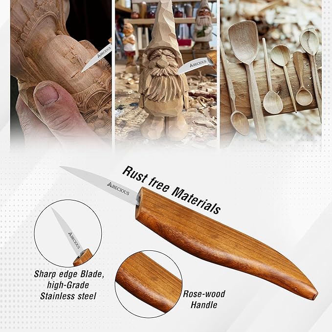 ABECIOUS Premium Wood Carving Tools 8 PCS - Wood Carving Knife, Wood Whittling Kit Includes Cut Resistant Gloves for Wood Carving, Rust-Free High Carbon Steel Wood Carving Knives with Rosewood Handle.