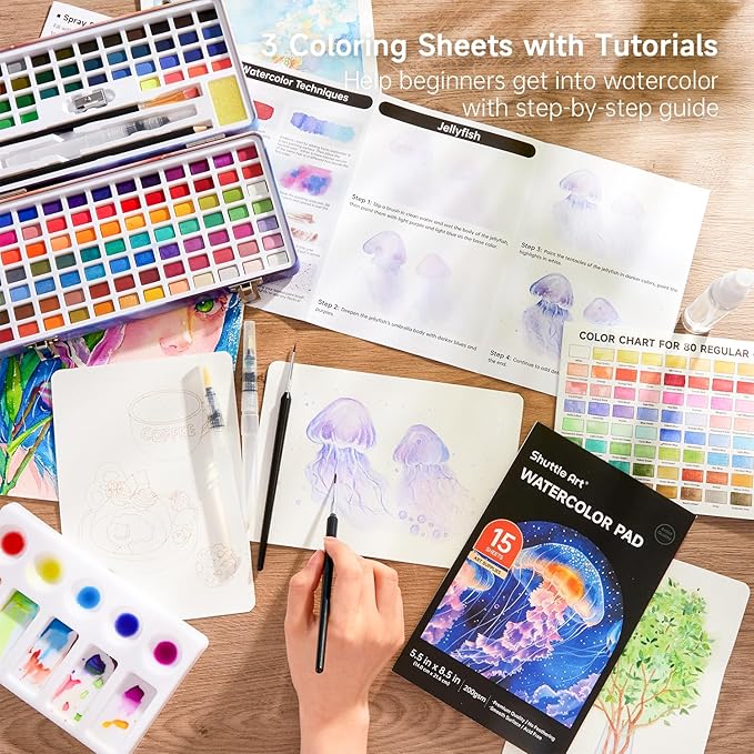 Shuttle Art Watercolor Paint Set, 128 Vibrant Colors with Metallic Shades, Travel Water Color Set with Watercolor Brushes, Palette, Watercolor Sketchbook and Coloring Sheets for Adults, Kids, Artists