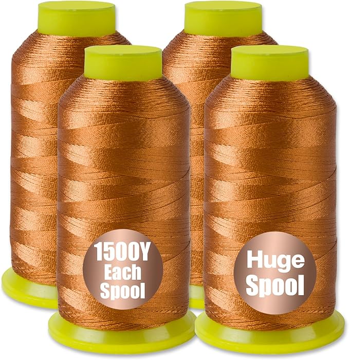 4Pcs Bright Brown Nylon Thread for Sewing, 210d/3 Upholstery Thread Heavy Duty, 4 Cone of 1500 Yards Each Leather, Serger Overlock Machine for Sewing Hair