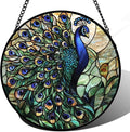 Stained Glass Window Hanging, Blue Green Peacock Decor Suncatcher for Door Garden Home Decoration Bird Sun Catchers Christmas Mother's Day Birthday Gifts for Women Men Mom Nana Friend 6.3 in