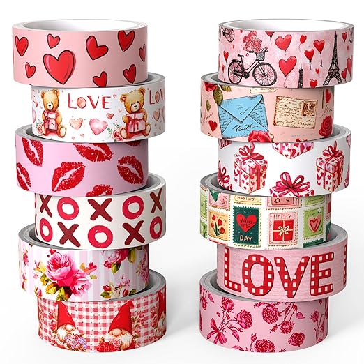 12 Rolls Valentine's Day Washi Tape Set, Pink & Red Hearts Decorative Tape Love Letters Roses Masking Tape for Journaling Supplies, Junk Journal, Scrapbooking, DIY Arts & Crafts, Gift Wrapping