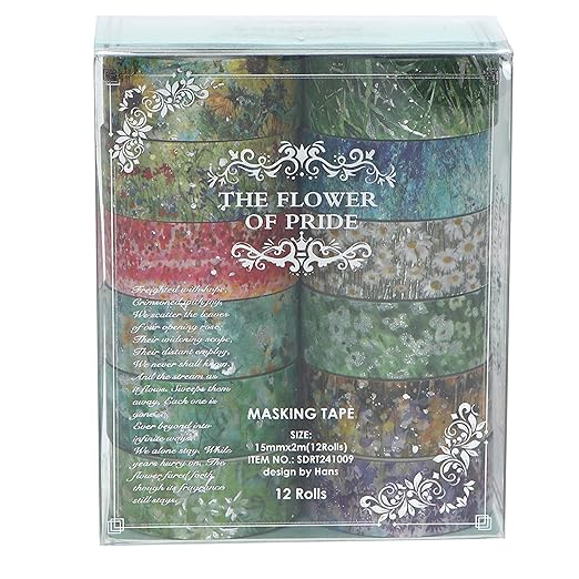 12 Rolls Flowers Washi Tape Set Floral Arts Adhesive Tapes Splast Silver Decorative Masking Tape Sets for Craft, Kids, Scrapbook, DIY, Gift Wrapping (Spring Serenity)