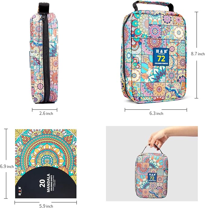 H & B Colored Pencils Set with Mandala Coloring Book, Eraser, and Sharpener - Perfect for Drawing and Coloring - Soft Oil-Based Cores Ideal (72)