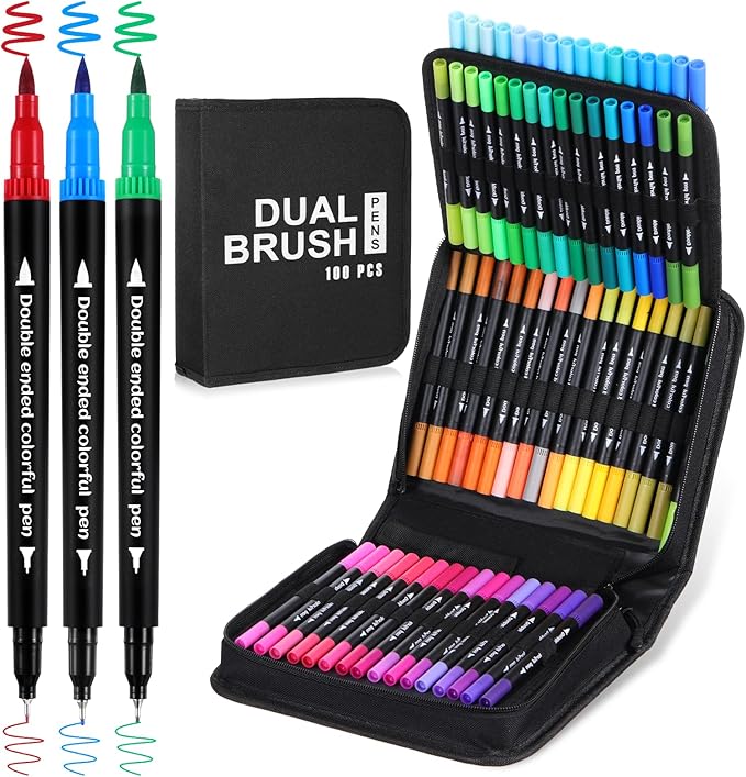 100 Colors Dual Brush Marker Pens, Artist Marker Set with Fine Brush Tip Pen Art Markers for Adults Kids Coloring Books Bullet Journaling Drawing Painting Card Making